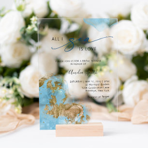 Ocean Gold Shore All I Sea is Love Bridal Shower Acrylic Invitations