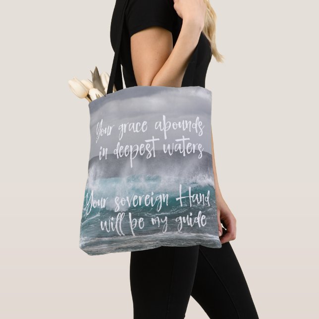 Ocean: Grace Abounds in Deepest Waters Quote Tote Bag (Close Up)