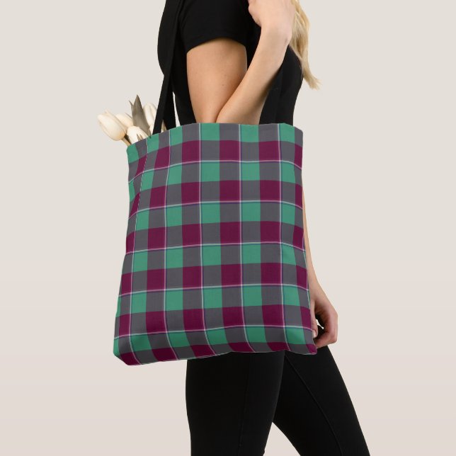 Ocean Green and Mulberry Wood Plaid Burgundy Tote Bag (Close Up)