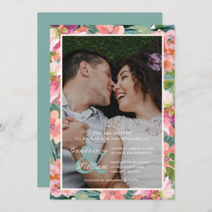 Ocean Green and Peach Flowers Photo Wedding Invitation