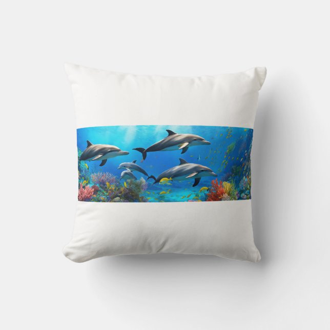 Ocean Harmony: Dolphins Over Coral Reefs Throw Pillow (Front)