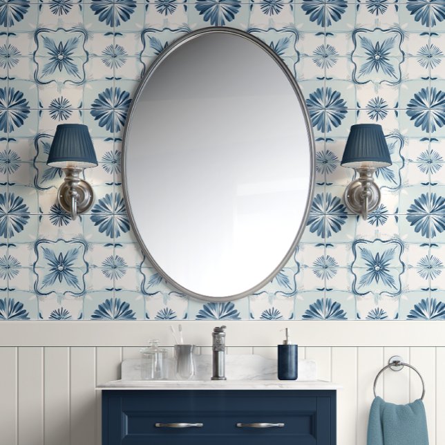 Ocean Harmony Tiles - Soft Teal, White - Coastal Wallpaper (Ocean Harmony Tiles Peel and Stick Wallpaper )