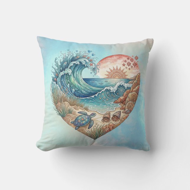 Ocean Heart Coastal Wave Sea Turtle Beach Sunset Throw Pillow (Front)
