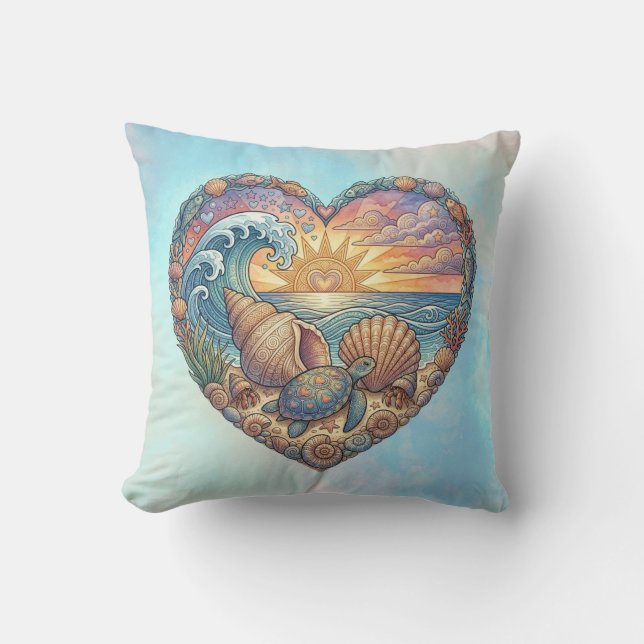 Ocean Heart Coastal Wave Sea Turtle Beach Sunset Throw Pillow (Front)