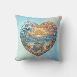Ocean Heart Coastal Wave Sea Turtle Beach Sunset Throw Pillow