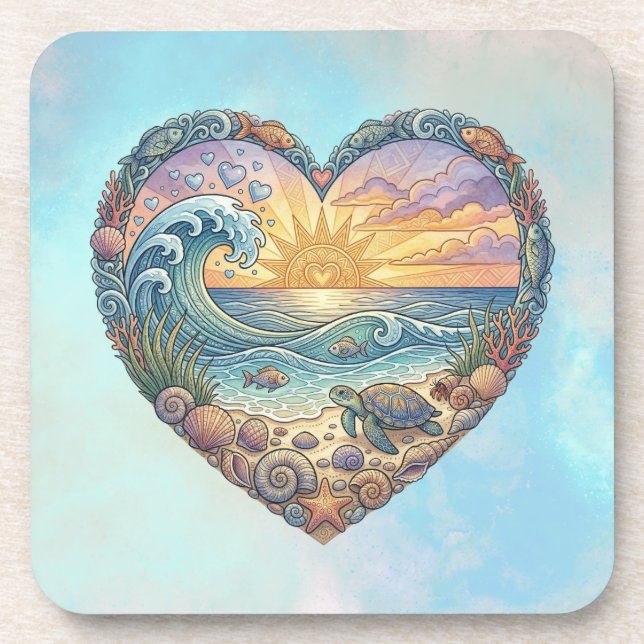 Ocean Heart Tropical Beach Wave Sea Turtle Art Beverage Coaster (Front)