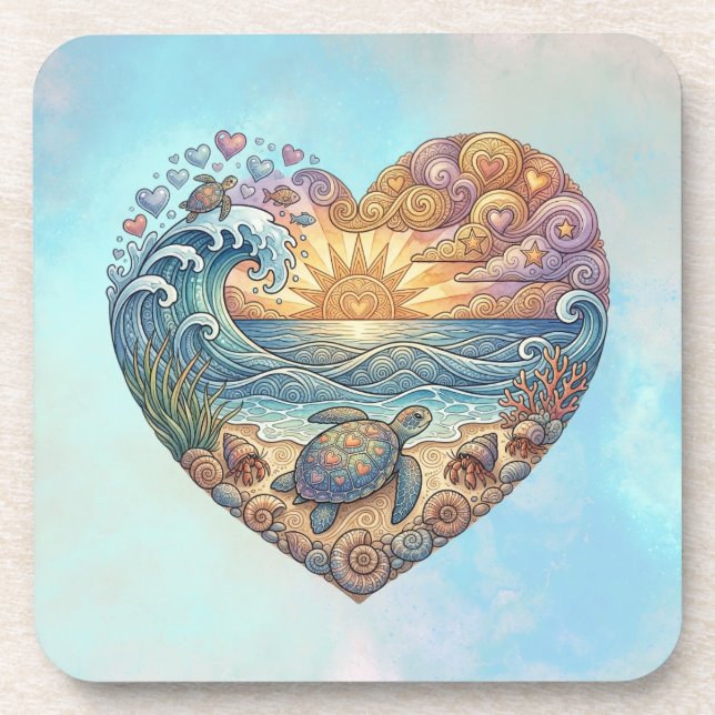 Ocean Heart Tropical Beach Wave Sea Turtle Art Beverage Coaster (Front)