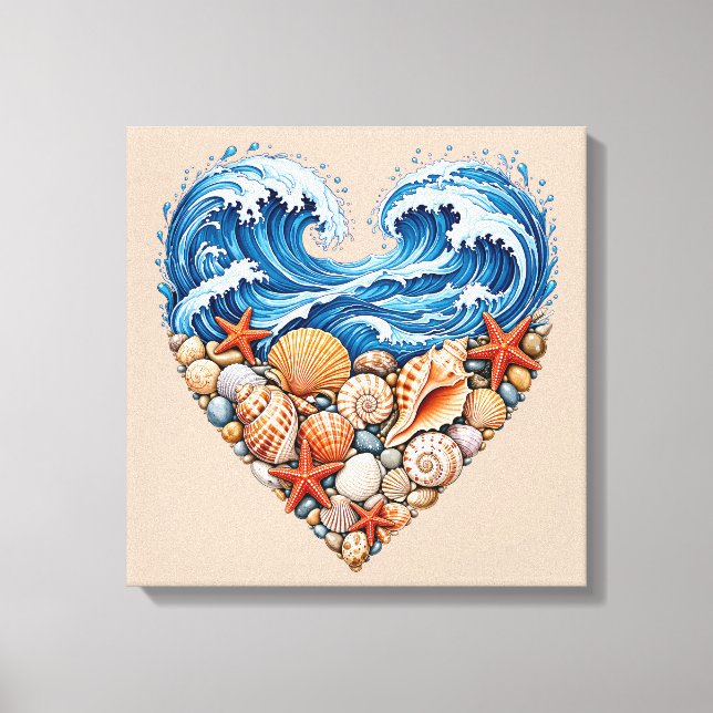 Ocean Heart Waves and Shells – Coastal Beach Wall  Canvas Print (Front)