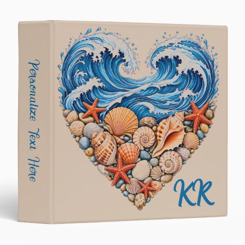 Ocean Heart Waves and Shells – Coastal Personalize 3 Ring Binder