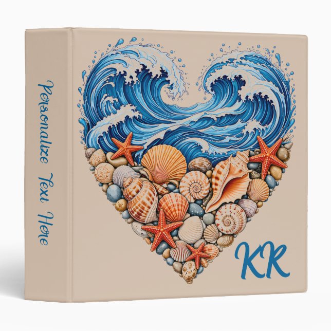 Ocean Heart Waves and Shells – Coastal Personalize 3 Ring Binder (Front/Spine)