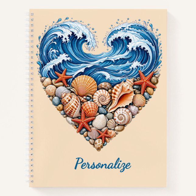 Ocean Heart Waves and Shells – Coastal Personalize Notebook (Front)