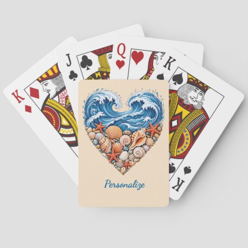 Ocean Heart Waves and Shells – Coastal Personalize Poker Cards