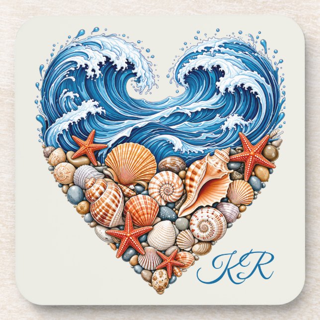 Ocean Heart Waves Seashells – Coastal Personalize Beverage Coaster (Front)