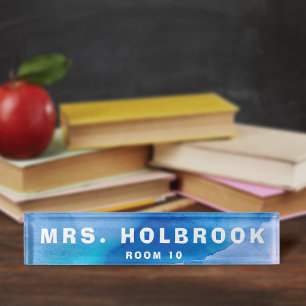 Ocean Inspired Blue Watercolor Teacher's Desk  Name Plate