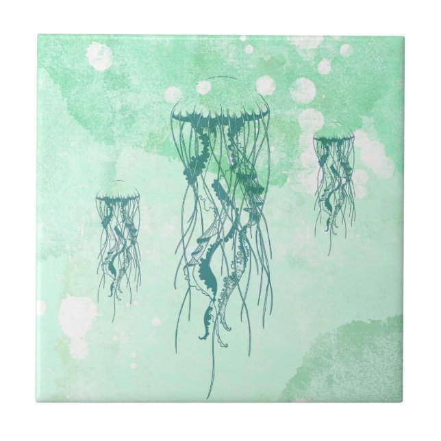 Ocean Inspired Jellyfish Blue Watercolor Ceramic Tile (Front)