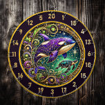 Ocean-Inspired Orca Dartboard Wall Accent<br><div class="desc">Bring the ocean’s magic to your fishing lodge or man cave with this ocean-inspired orca dartboard accent. The centerpiece is a striking orca, detailed with purple, gold, and blue patterns that shine like stained glass. A nearby turtle enhances the aquatic theme, adding balance and serenity to the artwork. The entire...</div>