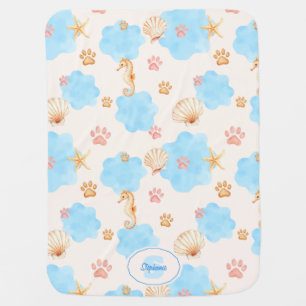 Ocean-Inspired Paw Print Pattern with Seahorses 2 Baby Blanket