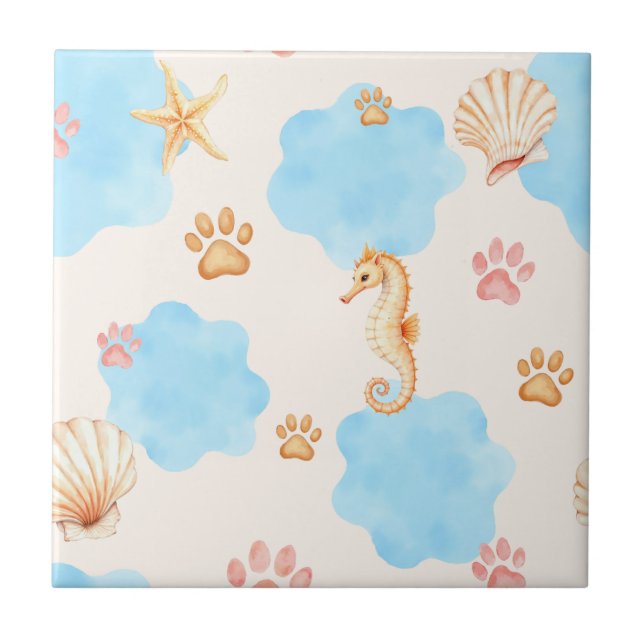 Ocean-Inspired Paw Print Pattern with Seahorses 2 Ceramic Tile (Front)