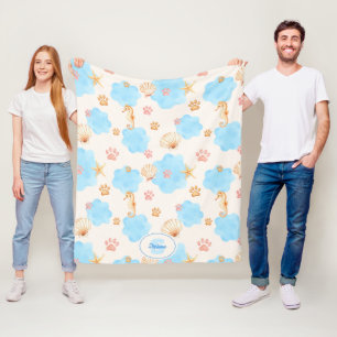 Ocean-Inspired Paw Print Pattern with Seahorses 2 Fleece Blanket