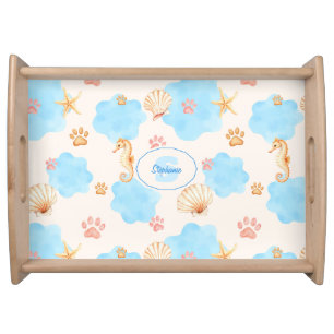Ocean-Inspired Paw Print Pattern with Seahorses 2 Serving Tray