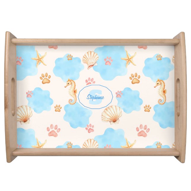 Ocean-Inspired Paw Print Pattern with Seahorses 2 Serving Tray (Front)