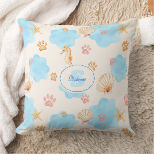 Ocean-Inspired Paw Print Pattern with Seahorses 2 Throw Pillow