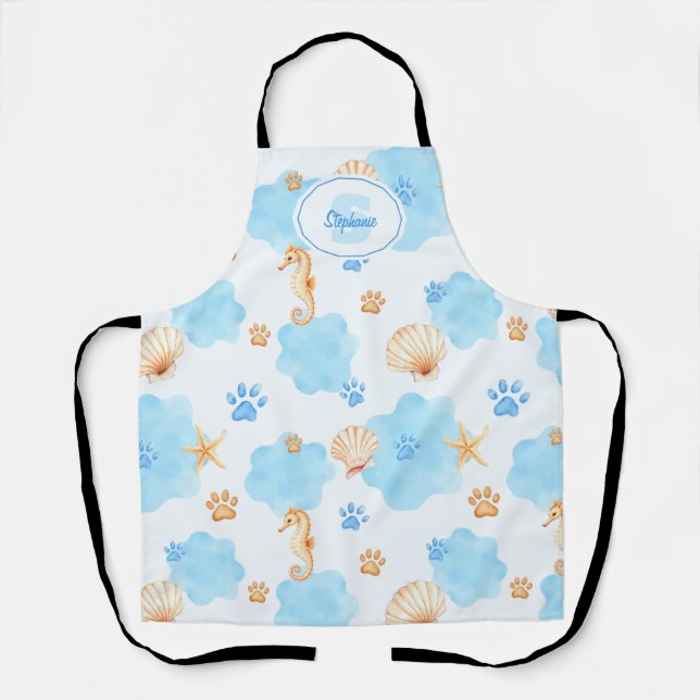 Ocean-Inspired Paw Print Pattern with Seahorses Apron (Front)