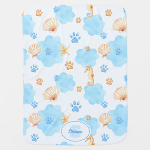Ocean-Inspired Paw Print Pattern with Seahorses Baby Blanket