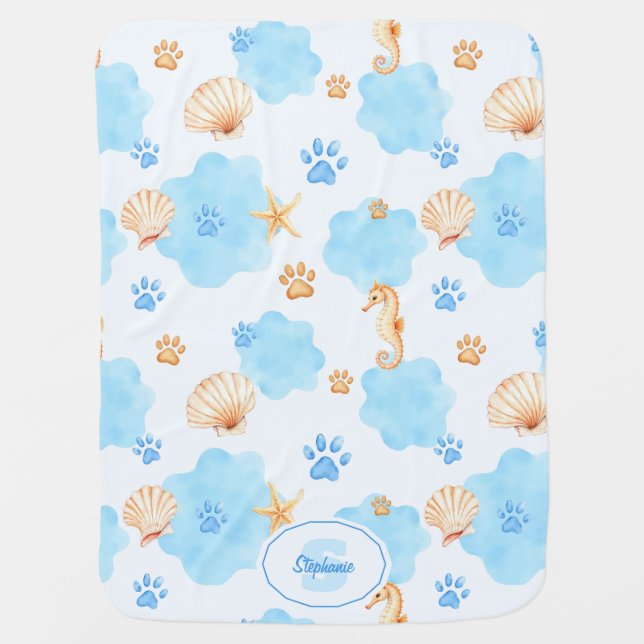 Ocean-Inspired Paw Print Pattern with Seahorses Baby Blanket (Front)