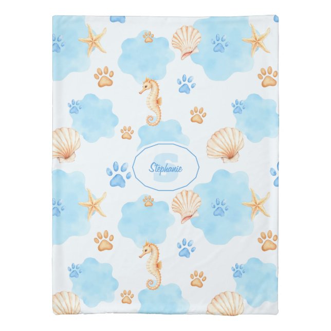 Ocean-Inspired Paw Print Pattern with Seahorses Duvet Cover (Back)