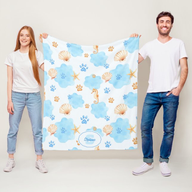 Ocean-Inspired Paw Print Pattern with Seahorses Fleece Blanket (In Situ)
