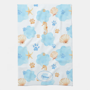 Ocean-Inspired Paw Print Pattern with Seahorses Kitchen Towel
