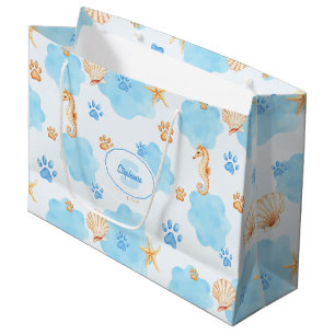 Ocean-Inspired Paw Print Pattern with Seahorses Large Gift Bag