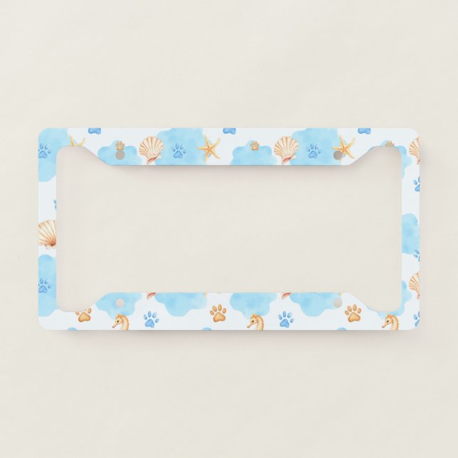 Ocean-Inspired Paw Print Pattern with Seahorses License Plate Frame (Front)