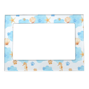 Ocean-Inspired Paw Print Pattern with Seahorses Magnetic Frame