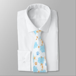 Ocean-Inspired Paw Print Pattern with Seahorses Neck Tie