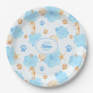 Ocean-Inspired Paw Print Pattern with Seahorses Paper Plates