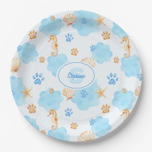 Ocean-Inspired Paw Print Pattern with Seahorses Paper Plates (Front)