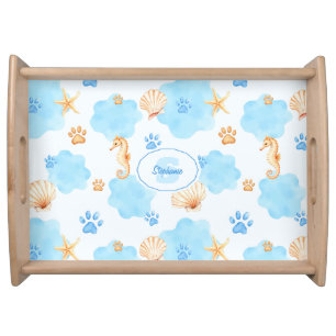 Ocean-Inspired Paw Print Pattern with Seahorses Serving Tray