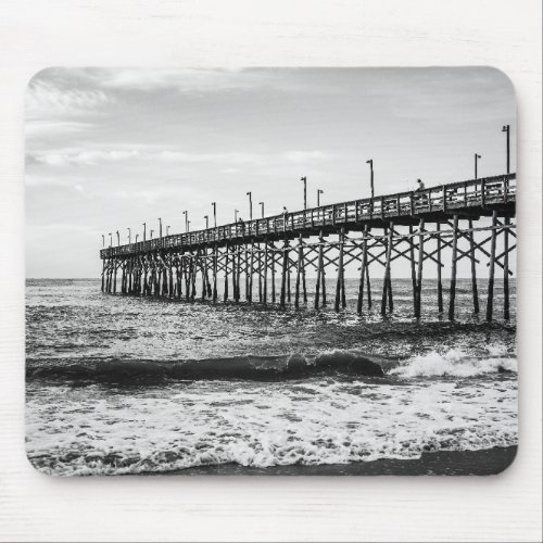 Ocean Isle Fishing Pier Black and White Mouse Pad