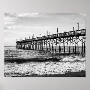 Ocean Isle Fishing Pier Black and White Poster