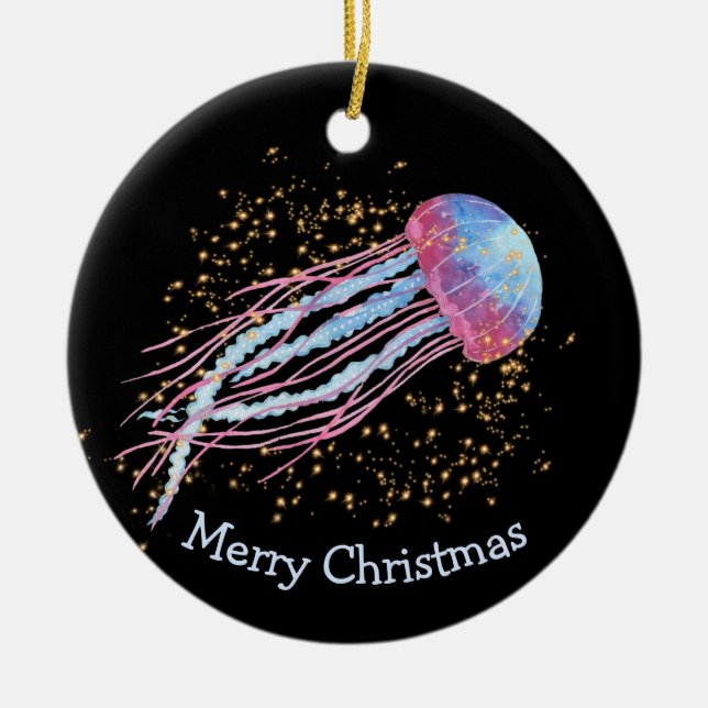 Ocean Jellyfish Sparkle Christmas Ceramic Ornament (Front)