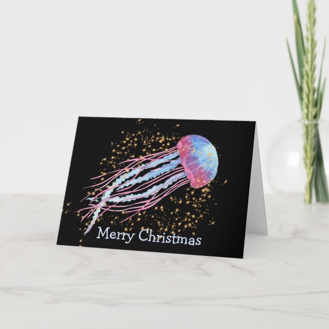 Ocean Jellyfish Sparkle Christmas Holiday Card (Front)