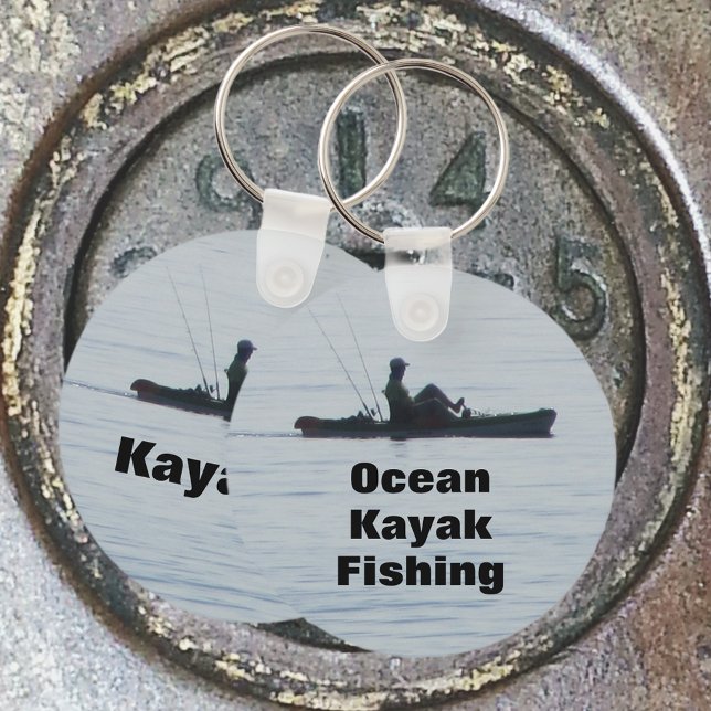 Ocean Kayak Fishing Black Silhouette Kayaking Blue Keychain (Ideal hat for a kayak fisherman. Customize the text for ocean of lake fishing and personalized name.)