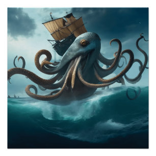 ocean Kraken giant squid attack Sailing ship Poster