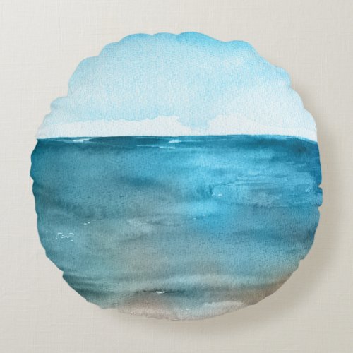 Ocean Landscape Watercolor Beauty Round Pillow