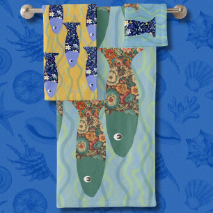 Ocean life, beach house, fish lover bath towel set