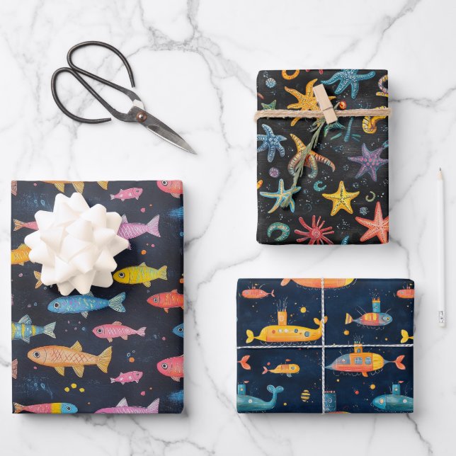Ocean Life Fish, Sea Star, Submarine Chalk Drawing Wrapping Paper Sheets (Front)