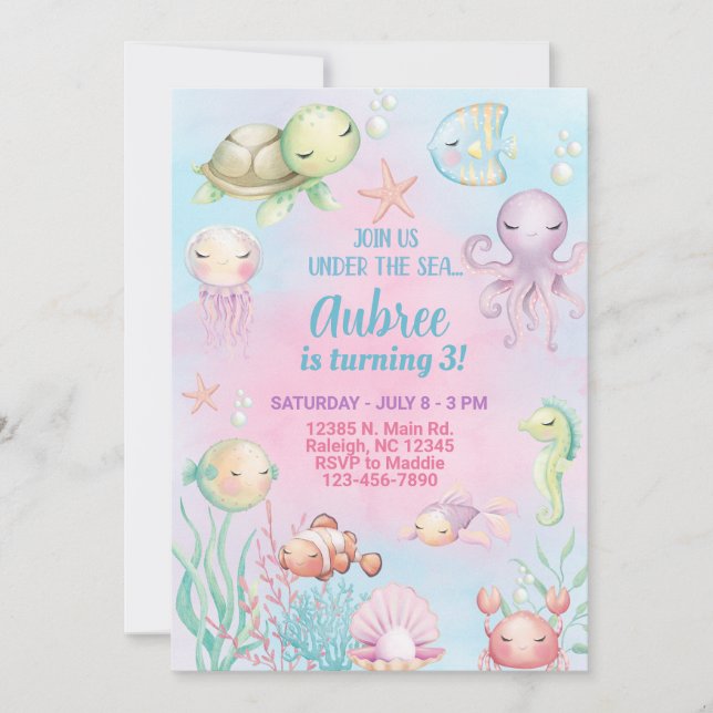 Ocean life girl birthday invitation under the sea. (Front)