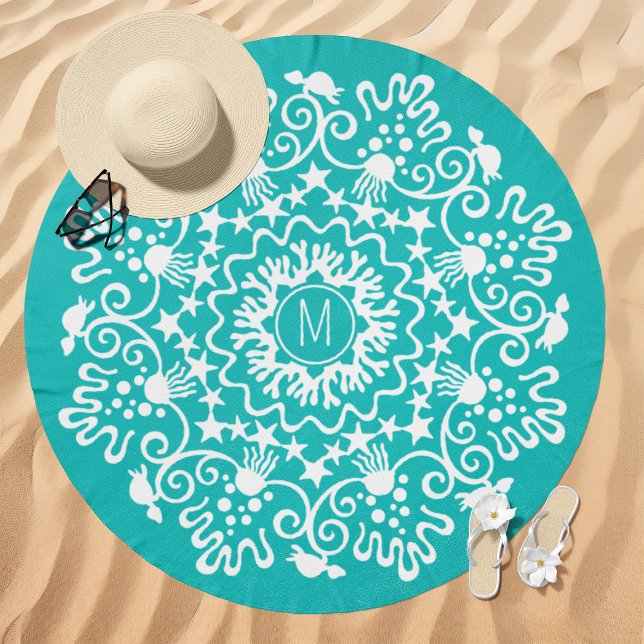 Ocean Life Mandala Monogram Aqua Beach Towel (Creator Uploaded)